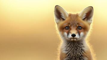 A striking close-up of a red fox pup with bright eyes and a fluffy coat, set against a warm golden background during sunset photo