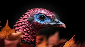 A striking close-up of a vividly colored bird surrounded by autumn leaves, showcasing nature's intricate beauty and the vibrant hues of fall. photo