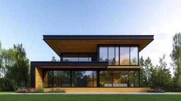 Modern architectural masterpiece showcasing a chic wooden home surrounded by lush greenery and clear blue skies photo