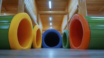 Colorful inflatable play structures enhance a spacious indoor recreational photo
