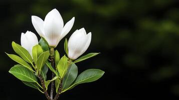 Delicate white magnolia flowers blooming on a slender branch against a blurred dark green background showcasing nature's beauty photo