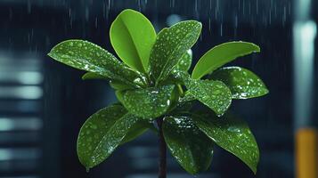 Lush green plant glistening with raindrops captured in a dramatic indoor setting with soft lighting photo