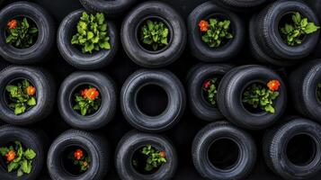 Colorful flowers blooming in recycled black tires arranged in a striking vertical garden display photo