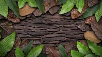 A beautiful arrangement of assorted green and brown leaves framing a textured wooden background for nature-inspired design. photo