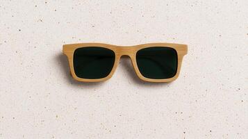 Stylish bamboo sunglasses neatly placed on a textured beige background, showcasing modern eco-friendly fashion. photo