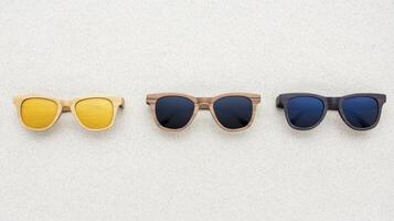 A stylish collection of wooden sunglasses showcasing different colors set against a sandy background photo