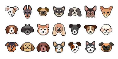 Different type of pixel art dog faces in retro style for design. vector