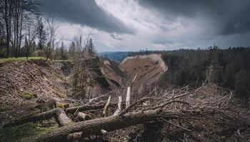 Mysterious Dark Forest with a Fallen Tree Over a Ravine photo