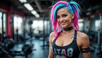 copy space Rock Style Tattooed and Colorful-Haired Woman Smiling in the Gym photo