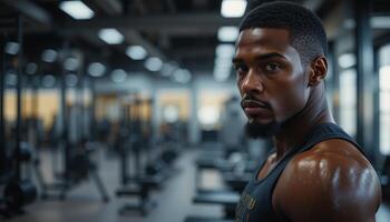 Determination and Strength Muscular Athlete in the Gym horizontal looking at camera photo