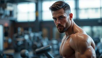 Fit Man Staring at the Camera in a Gym Background photo