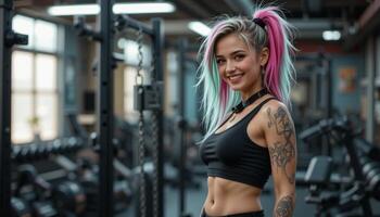 Rock Style Tattooed and Colorful-Haired green and pink Woman Smiling in the Gym photo