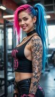 vertical Rock Style Tattooed and Colorful-Haired blue and pink Woman Smiling in the Gym photo