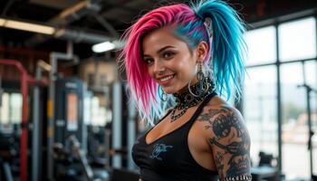 Rock Style Tattooed and Colorful-Haired Woman Smiling in the Gym photo