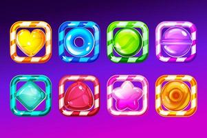 Set of candy app icons, game ui square buttons, cartoon lollipop menu interface, colorful blocks with stripes. Gui graphic design elements for user panel settings, isolated 2d illustration vector