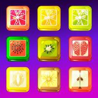 A set of fruit candies for the match-3 puzzle game Features - fruit design - 9 options- watermelon, lime, orange, kiwi, apple, grapefruit, pineapple, melon, pomegranate vector
