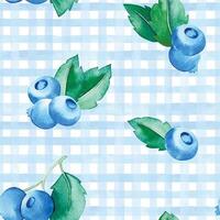 seamless watercolor pattern in blue checkered pattern with blueberries. cute print vector