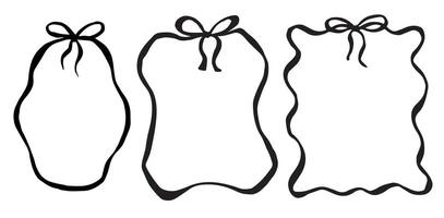 illustration, set of ribbon frames with bow. black and white drawing in doodle style vector