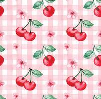 seamless watercolor pattern in pink check with cherry. cute print vector
