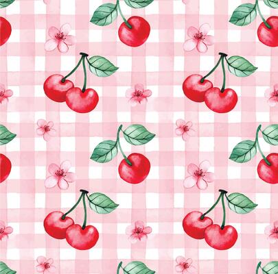 seamless watercolor pattern in pink check with cherry. cute print