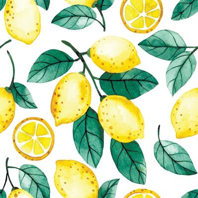 watercolor image, seamless pattern of lemon fruits and leaves. cute cartoon print
