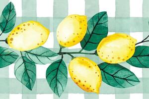 seamless watercolor pattern, border in green checkered pattern with lemons. cute print vector