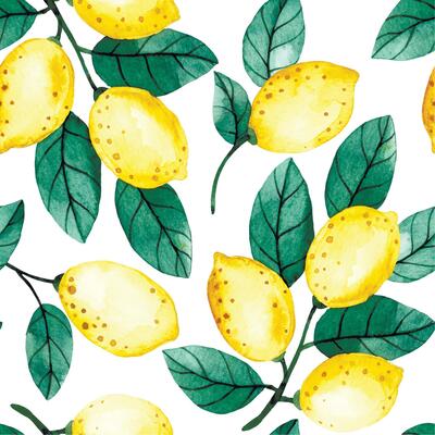 watercolor illustration, seamless pattern of lemon fruits and leaves. cute cartoon print