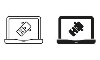 Online Jigsaw Game in Laptop Line and Silhouette Icon Set. Puzzle App in Computer Icon. Web Digital Puzzle Sign. Strategy, Brainstorming, Teamwork. Editable Stroke. Isolated Illustration vector