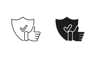 Approved Security Sign. Protection And Safety Line and Silhouette Icon Set. Thumb Up And Shield Pictogram, Safe Service Concept. Editable Stroke. Isolated Illustration vector