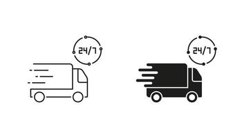 Delivery Service Around The Clock Line and Silhouette Icon Set. Twenty Four Hour Delivery Sign. Editable Stroke. Isolated Illustration vector