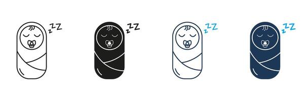 Swaddled Baby with Pacifier Sleeping Line and Silhouette Icon Set. Newborn Rest and Sleep Symbol. Peaceful Newborn with Pacifier. Bedtime Rest for Baby. Editable Stroke. Isolated Illustration vector