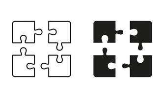 Jigsaw Square Pieces Match Line and Silhouette Icon Set. Puzzle Challenge, Teamwork, Logic Game, Idea Sign. Combination Solution Icon. Editable Stroke. Isolated Illustration vector