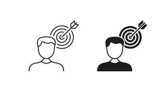 Person with Goal. Human Strategy, Aim Focus Pictogram. Object Oriented Man Line and Silhouette Icon Set. Dartboard Bullseye and Arrow, Target Symbol. Editable Stroke. Isolated Illustration vector