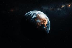 Stunning View of Planet Earth at Night with Illuminated Cities from Outer Space Perspective photo