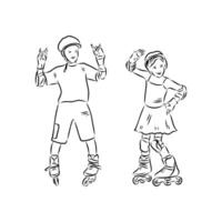 two children on roller skates are standing in front of a white background vector