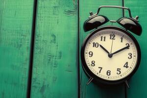 Alarm Clock on Pastel Green Wooden Background for Time Management and Scheduling Concepts photo