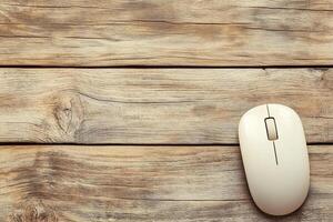 Close-Up of Computer Mouse Positioned on Rustic Wooden Surface with Natural Textures photo