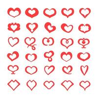 Red heart hand drawn icons. Valentine's day shaped elements heart set in different pose and style. vector
