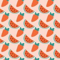 Strawberry with leaves and Watermelon slices with seed Seamless pattern Colorful background Texture. Isolated illustration Wallpaper, wrapping or web promo banner, leaflet background, card, tag vector