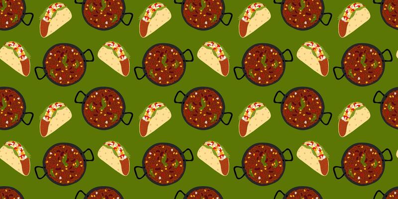 Taco meat filling, greens and vegetables and Chili con carne cast iron pan Seamless Pattern in green. Isolated illustration Background Thematic or menu cards, web promo banner, leaflets, price