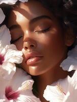 realistic woman album cover for R andB artist with a floral design white1 photo