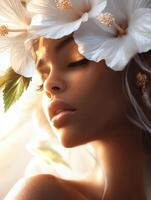 realistic woman album cover for R andB artist with a floral design white8 photo
