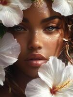realistic woman album cover for R andB artist with a floral design white11 photo
