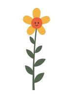 Minimalist flat illustration of a flower on a long stem with leaves. Simple children's style, suitable for prints, cards, decorations, and creative designs. vector
