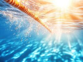 close up of beautiful blue water in swimming pool, with sunlight reflecting off surface and bubbles rising. vibrant colors create serene and refreshing atmosphere photo