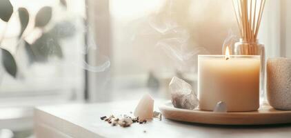 serene meditation space featuring lit candle, crystals, and incense, creating calming atmosphere. soft light enhances relaxation and mindfulness photo