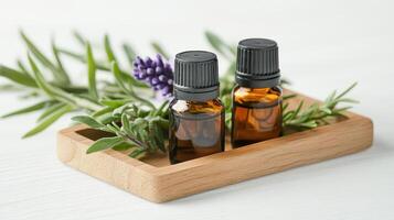 Aromatherapy essential oils with fresh herbs in wooden tray create calming atmosphere. combination of lavender and rosemary enhances relaxation and wellness photo