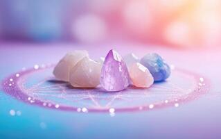 Healing crystals arranged in sacred geometry, showcasing various colors and shapes. soft pastel background enhances serene and calming atmosphere photo