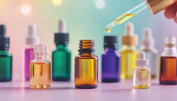 vibrant collection of essential oil bottles with dropper, showcasing various colors and sizes. scene evokes sense of calm and wellness, perfect for aromatherapy enthusiasts photo