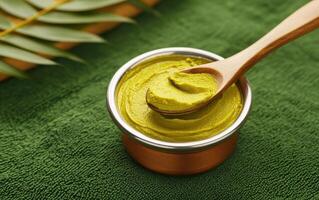 vibrant green herbal paste in metal bowl, ideal for spa treatments, surrounded by natural elements. This soothing paste is perfect for rejuvenating skin care photo